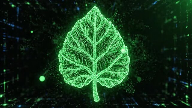 Green glowing neon leaf formed by digital particles with futuristic technology background, vibrant energy flow, detailed vein structure, and nature inspired 3D visualization of dynamic glowing