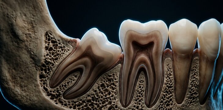 Impacted lower second molar illustration with dark background