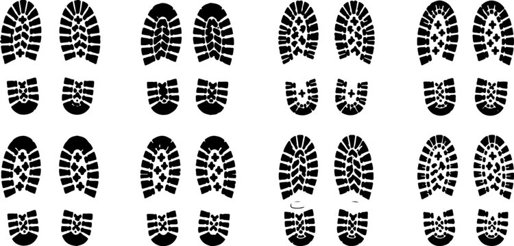 Footprint textures in black, boot sole imprint set, isolated on transparent.