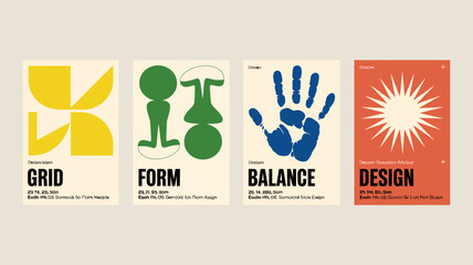 Four abstract graphic design posters with geometric shapes and bold typography on a brown background © Roxxxxxxxxx