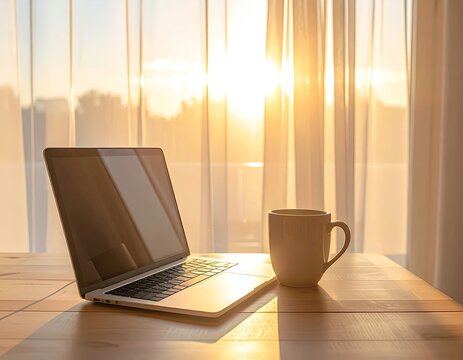 Open laptop and mug bathed in warm golden sunrise light
