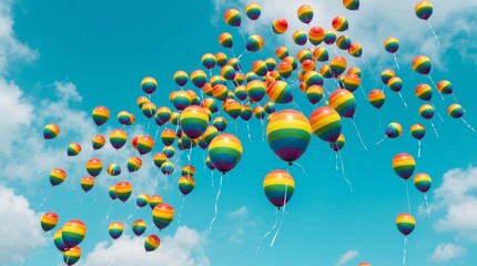 Rainbow Balloons Floating in a Cloudy Blue Sky - Pride Celebration