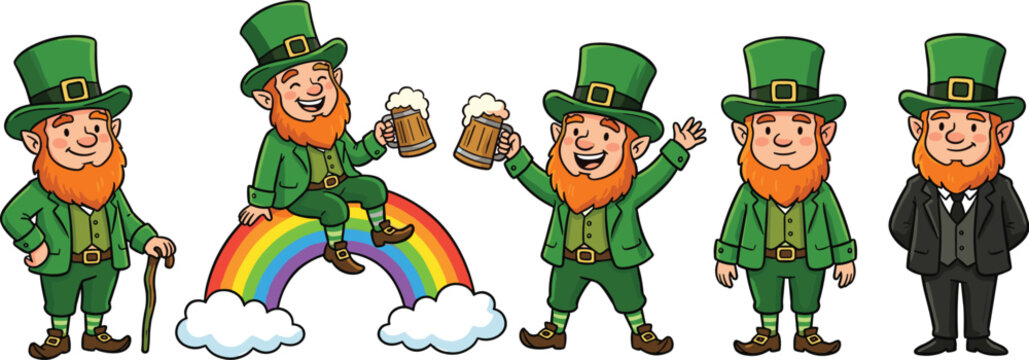 Saint Patricks Day leprechaun character collection with rainbow beer and traditional Irish costume cartoon illustration