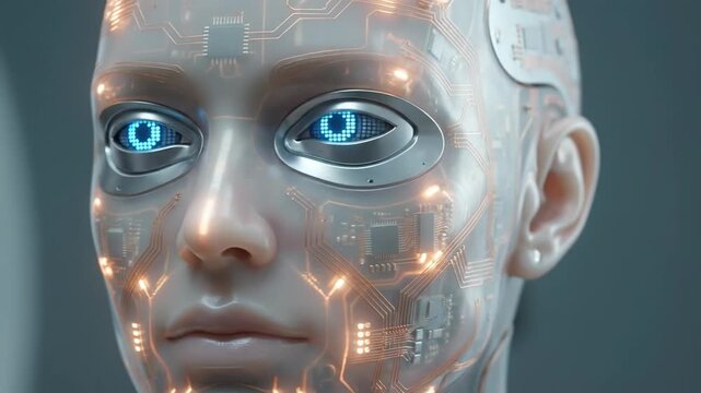 Close up of a humanoid robot head featuring glowing blue eyes and gold circuit patterns on the skin, representing futuristic artificial intelligence.