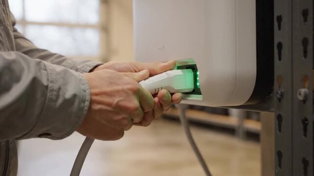 Hands plugging electric charger cable into home battery power unit close up indoor connection for energy storage system technology device charging equipment electricity plug socket wire modern adult