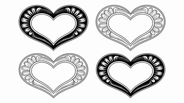 Four decorative heart shapes with intricate line work black and white illustration on a white background