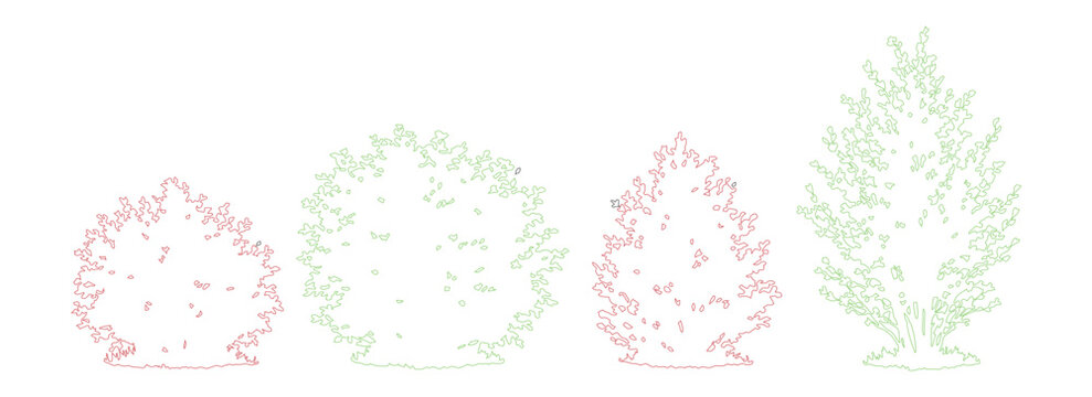 Minimalist bush line art collection, set of 4 garden shrub vector outlines, simple green and pink foliage plant sketches for architectural landscape design
