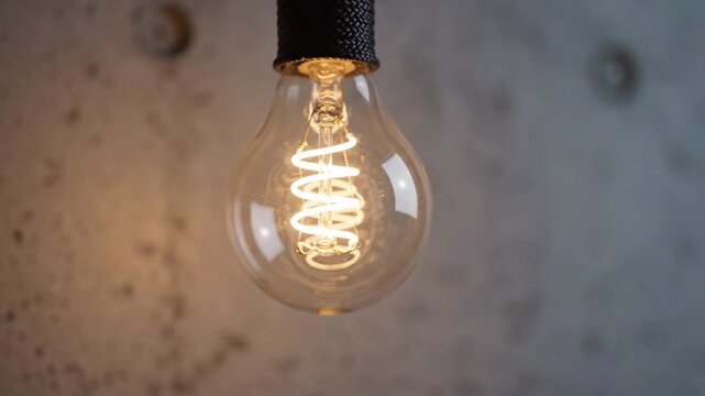 Light bulb glowing warm light with spiral filament hanging close up against textured transparent background, incandescent lamp softly illuminating cozy atmosphere symbolizing idea innovation