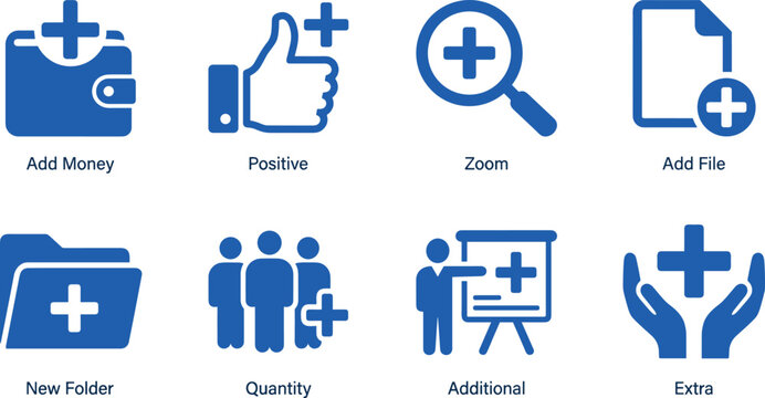 Blue utility icons representing add money positive zoom add file new folder quantity additional and extra signs.