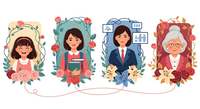 Four women of different ages in floral frames with various professions and hobbies