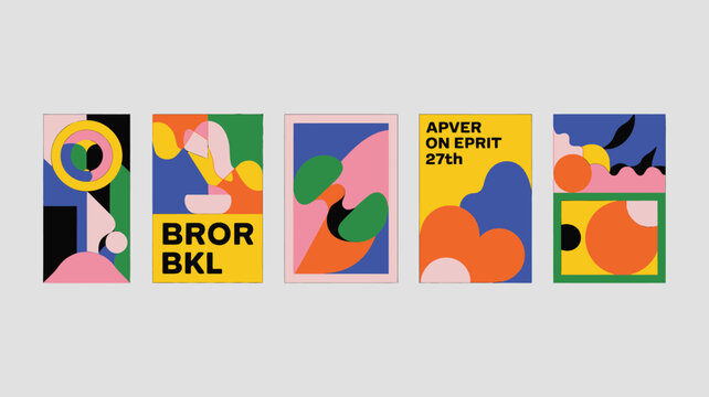 Colorful abstract geometric posters a set of five vibrant art prints on a light gray background