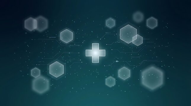 Futuristic medical technology background, glowing digital cross and hexagon data icons, teal healthcare network illustration for science and medicine