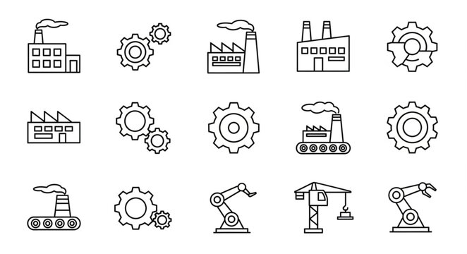 Industrial factory and robotic machinery icons.