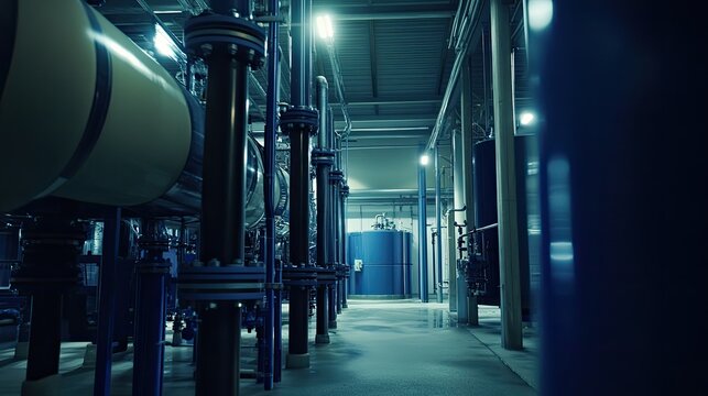 Industrial interior featuring complex networks of pipelines, machinery, and equipment, reflecting continuous manufacturing processes and the technological core of a modern factory