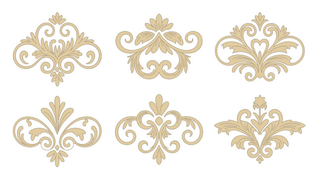 ornate floral scrollwork designs a set of six golden vector illustrations on a white background