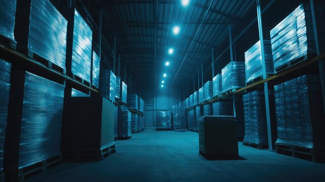 Dimly lit warehouse interior with rows of racks, pallets and boxed goods under blue lighting, conveying logistics, inventory management, distribution and modern supply chain operations