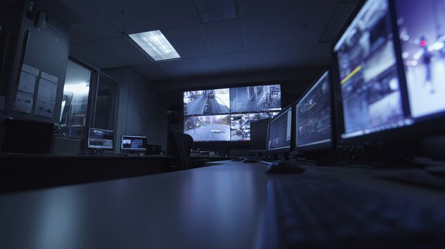 Security control room featuring multiple monitors displaying real time video feeds of streets and vehicles, emphasizing constant surveillance and protection
