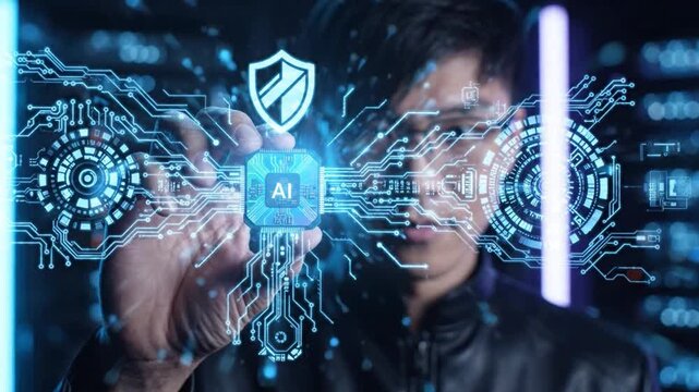 Artificial intelligence ai chip with digital circuit interface glowing light security shield technology innovation electronic microchip futuristic concept programmer holding advanced system coding