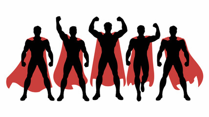 Five superhero silhouettes with red capes against a white background high quality professional detailed modern elegant © Roxxxxxxxxx