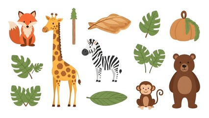 Fototapeta premium Adorable cartoon jungle and safari animal vector collection, featuring cute fox, giraffe, zebra, monkey, and bear alongside vibrant tropical leaves for playful design projects