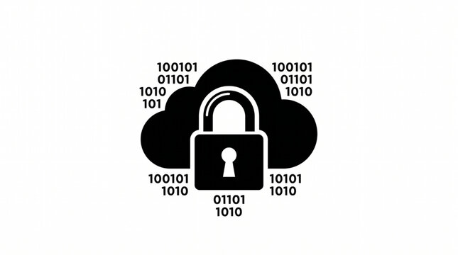 Cloud storage security concept with locked padlock and binary code on a white background