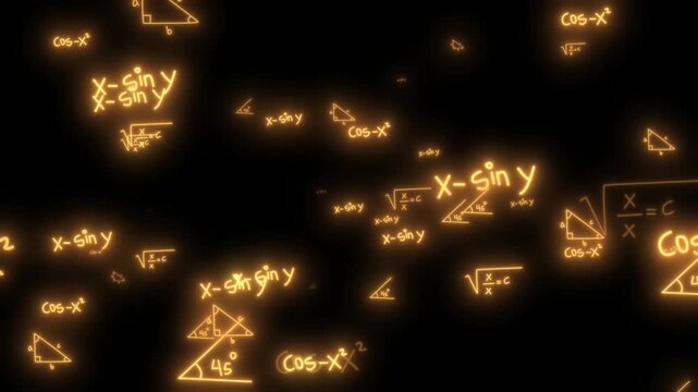 Gold Glowing Math Formulas and Geometry Theory with Fast Camera Zooming motion video. Luxury Gold Scientific Background: Shined Numbers and Complex Equations Loop.