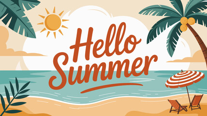Hello summer typography with beach scene palm trees sun and beach chairs illustration high quality professional © Roxxxxxxxxx