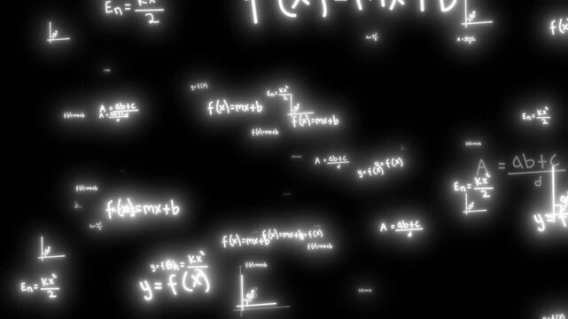 Glowing Math Formulas and Geometry Theory with Fast Camera Zooming. Futuristic Mathematical Equations and Calculus Animation in Dark Space.