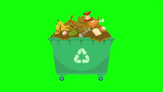Green trash bin overflowing with food waste and garbage on green screen