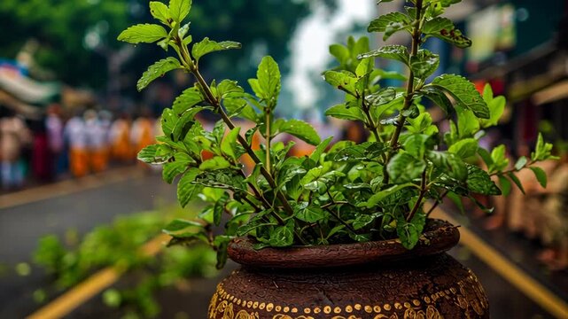 Holy Basil plant in an ornate clay pot during a street procession in India