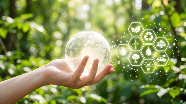 Hand holding a glowing globe with eco friendly icons in a natural setting