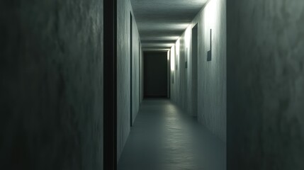 Fototapeta premium Long narrow concrete corridor with dim wall lights casting deep shadows, creating an eerie, claustrophobic atmosphere of suspense, isolation, and looming uncertainty