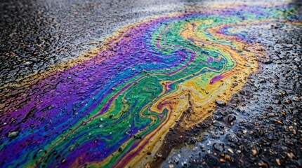 Obraz premium An oil spill on a wet surface creates a rainbow of colors spread out in patterns.