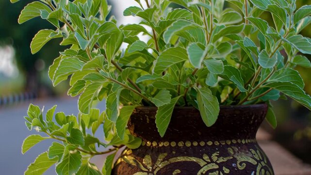 Tulsi Plant in Decorative Pot Outdoors During Religious Procession