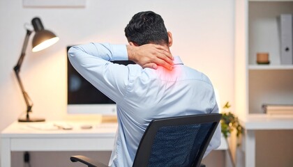 Obraz premium Professional battling intense neck pain and discomfort from prolonged desk work, highlighting common health issues associated with sedentary office environments and poor ergonomics