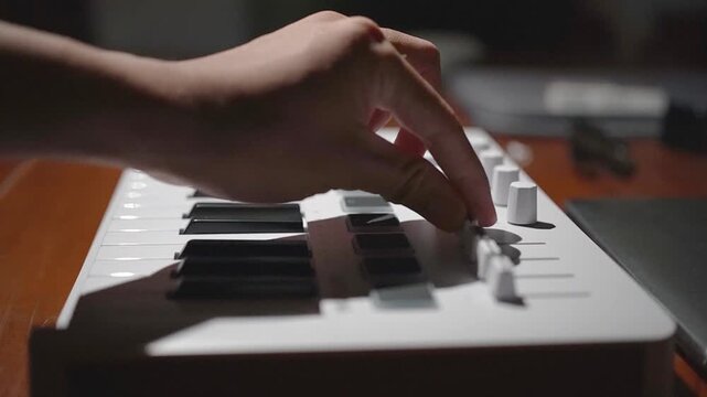 Close-up of human hands playing keys and adjusting knobs on a white compact MIDI keyboard controller in a music studio.