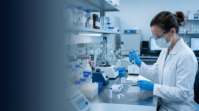 Professional female scientist working in modern laboratory, medical researcher using pipette for clinical testing, pharmaceutical lab background