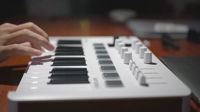 Close-up of human hands playing keys and adjusting knobs on a white compact MIDI keyboard controller in a music studio.
