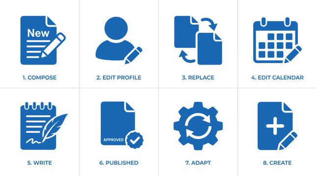 Collection of blue document related icons showing actions like compose edit profile replace edit calendar and create.