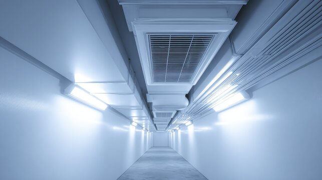 Bright white corridor with exposed hvac ductwork and rows of fluorescent lights, extending into the distance for a sterile, modern, industrial looking architectural perspective