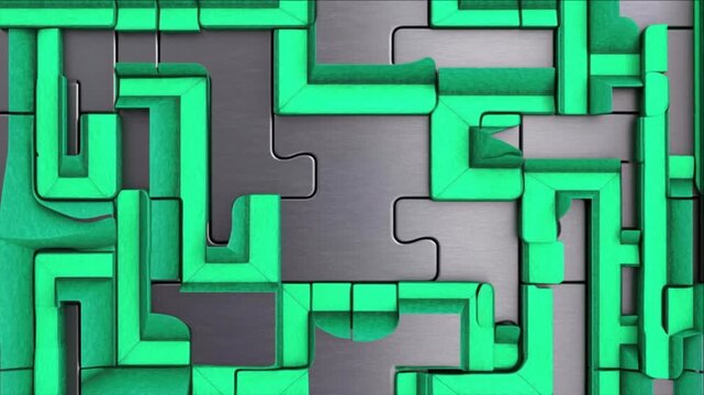 光触媒技術を象徴する緑のラインが嵌合し発光する産業用パズルの背景