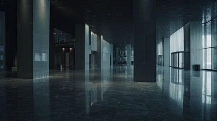 Naklejka premium Contemporary corporate building lobby featuring sleek minimalist architecture, polished dark floors reflecting structural columns and bright windows, creating an elegant and empty space