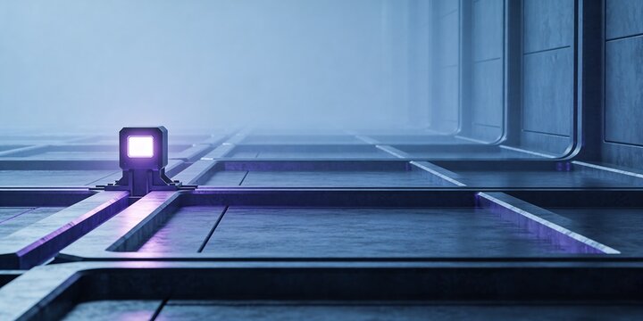 Luminous blue technology routing junction background with clean linear channels, soft fog, open copy space for futuristic header design