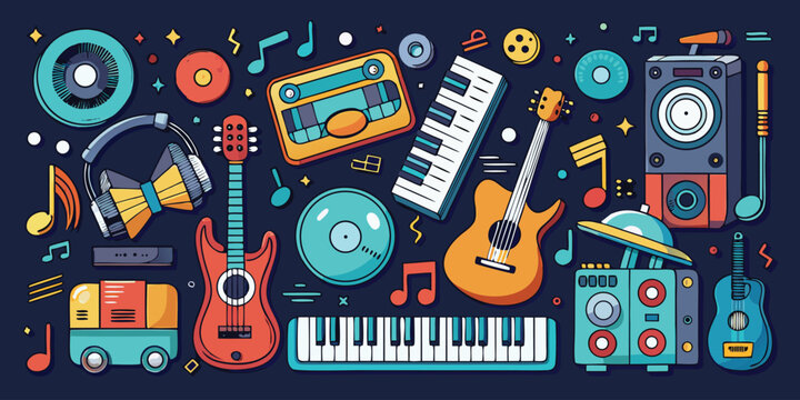 Music doodle style set. hand drawn musical instruments, music notes. cartoon collection with guitar, piano, headphones, drum kit, microphone