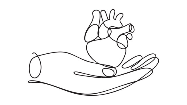 Anatomic heart held in human hand continuous line drawing for organ donation medical concept.