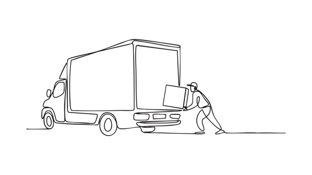 Minimalist continuous line drawing of delivery driver moving heavy box into transport van.