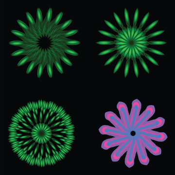 Glowing Green Leaf Mandala Flowers Set, Abstract Neon Floral Pattern Collection with Radial Symmetry on Black Background Digital Decorative Desigm.