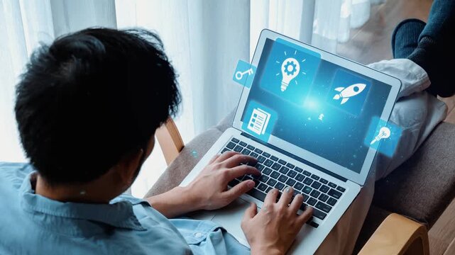 Innovation icons show creativity, teamwork, and project development. Innovation helps organizations design solutions, build strategy, and grow with new business opportunities. Gist