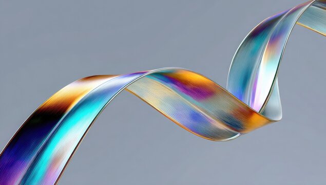 Iridescent ribbon twisting in studio lighting with subtle gradients and bokeh
