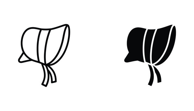 Traditional vintage bonnet hat icon set in outline and solid black silhouette styles for historical fashion projects and apparel design representing classic headwear for women and children